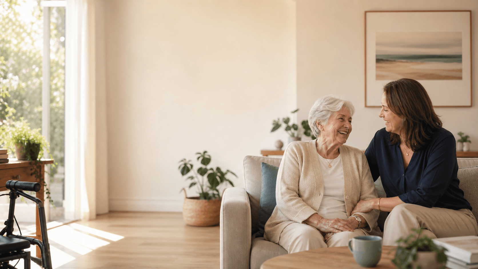Older woman with support worker in a warm home setting